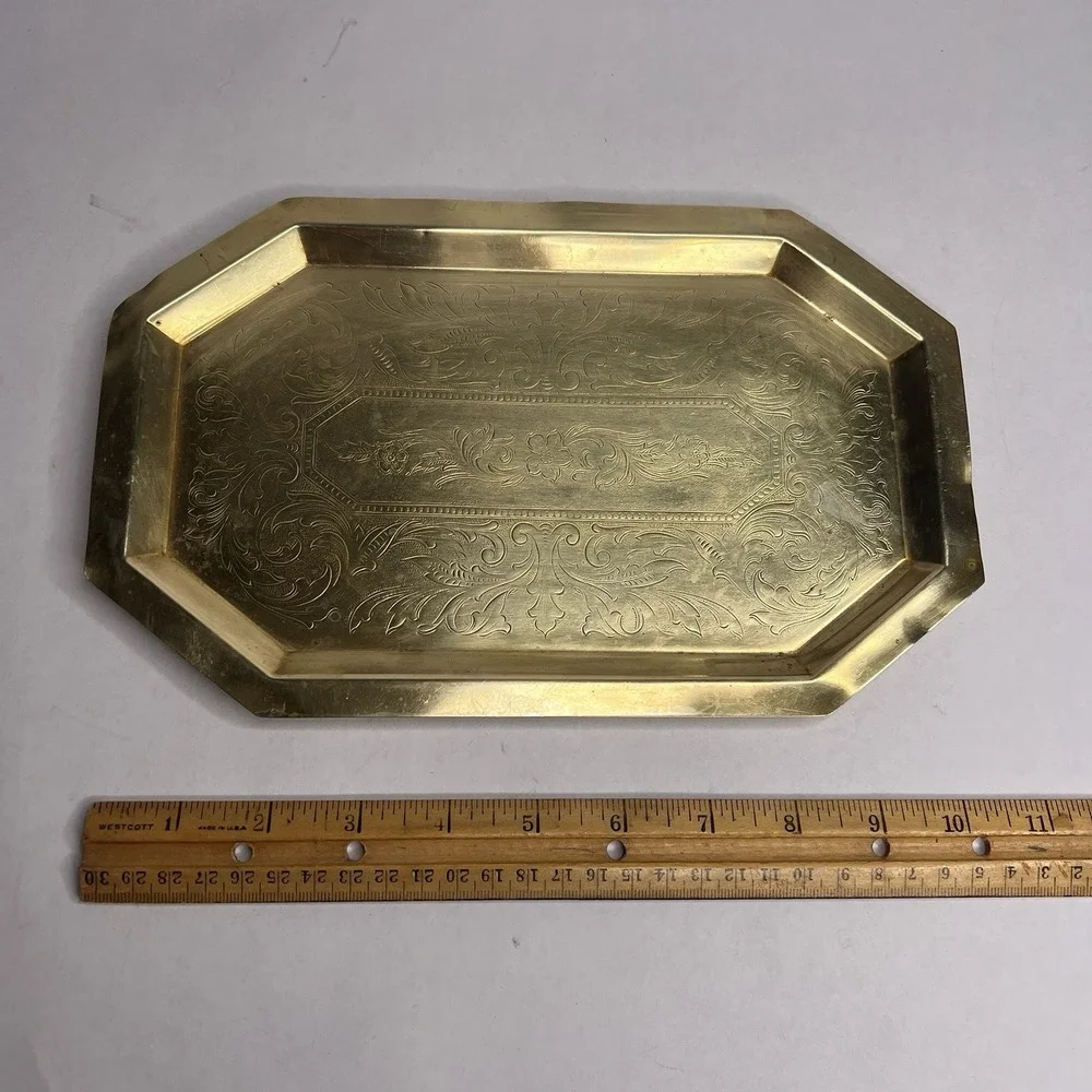 Vintage Large Solid Brass Tray Scalloped Raised Edge Oval 10